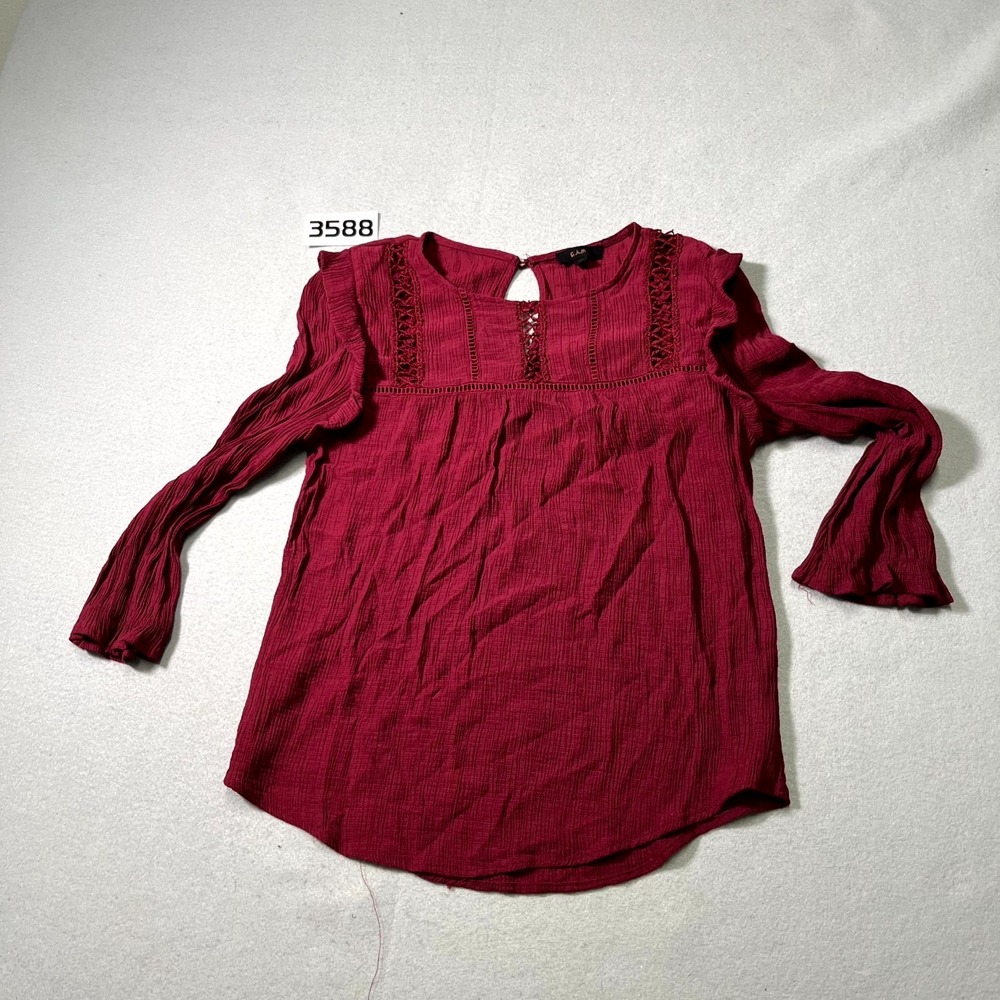 E&M Peasant Top Womens Large Burgundy Textured Keyhole Back Ruffle Sleeve Casual